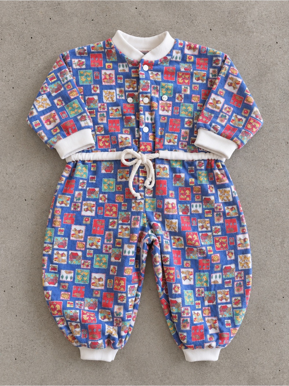 Vintage Kids 2/3T One-Piece Romper in Blue Patchwork farm Print.